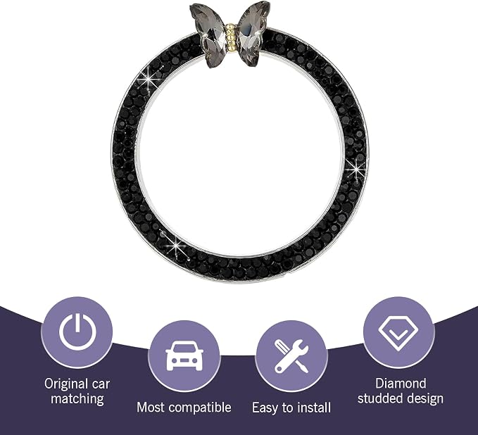 Bling Car Engine Start Stop Decoration Ring, Crystal Rhinestone Butterfly for Car Button Ring, Auto Interior Accessories for Women, Push to Start Button Cover Decoration (Black)