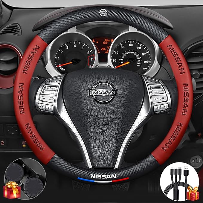 Steering Wheel Cover Compatible with Nissan, Nappa Leather&Carbon Fiber Texture Steering Wheel Cover, 14.5-15 Inch Diameter with 2 Coasters and USB Fast Charging Cable (Red)