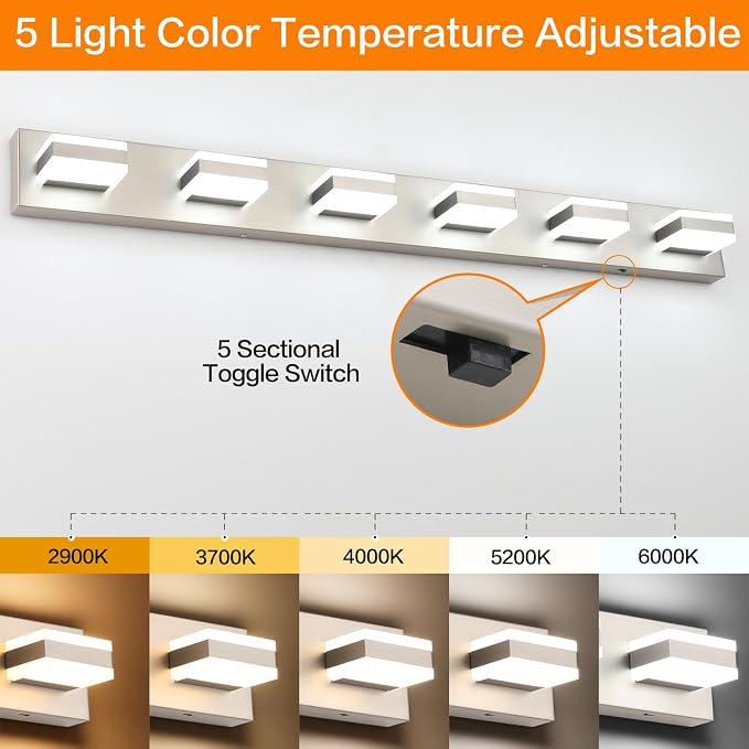 SOLFART Bathroom Vanity Lights, Brushed Nickel Light Fixtures for Bathroom Above Mirror, 6 Light Led Vanity Lighting,5 Color Temperature Adjustable,Bath Lighting Fixture Nickel ETL Listed