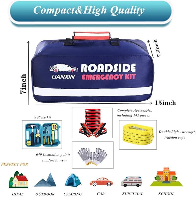 142 PCS Emergency Roadside Kit for Car ,Safety Car Kit with Jumper Cables | Roadside Assistance Emergency Kit Warning Triangle, Safety Hammer, Tow Rope, Car Emergency Kit Gifts for New Drivers