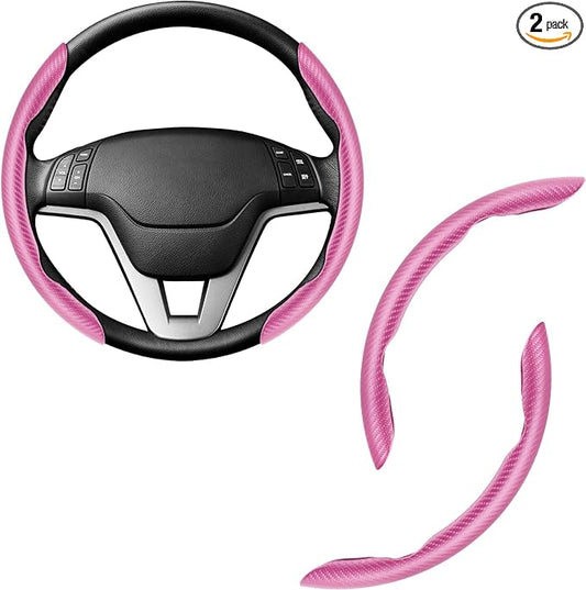 Amiss 2pcs Carbon Fiber Anti-Skid Steering Wheel Cover, Waterproof & Segmented Butterfly Design, Universal 99% Vehicle Wheel Cover Protector, Car Interior Accessories (Pink-2pcs)