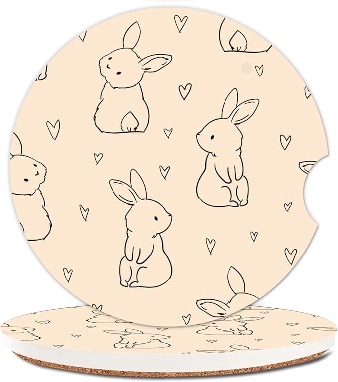 Absorbent Car Cupholder Coaster 2 Pack, Cute Car Coasters with a Finger Notch for Women & Men,2.56" Ceramic Stone & Non-Scratch Cork Base Drink Coasters, (Cute Rabbits)