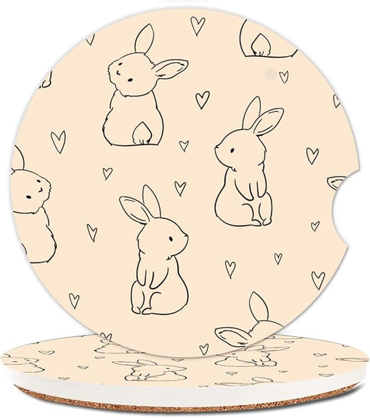 Absorbent Car Cupholder Coaster 2 Pack, Cute Car Coasters with a Finger Notch for Women & Men,2.56" Ceramic Stone & Non-Scratch Cork Base Drink Coasters, (Cute Rabbits)