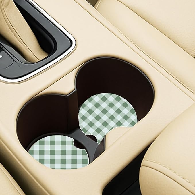 Ceramic Car Coasters – Absorbent Car Cup Holder Coaster Set for Women, Cute Aesthetic Car Accessories for Girls, 2 Pack (Laurel Green)