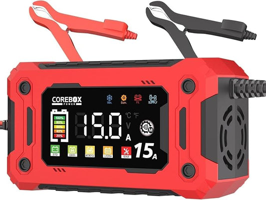 COREBOX Battery Charger 15-Amp 12V Automatic Smart Battery Trickle Charger, Battery Maintainer Desulfator with Temperature Compensation for Car Truck Motorcycle Lawn Mower Marine