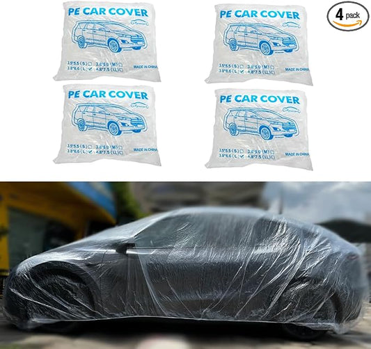 4 Packs Disposable Car Cover Clear Plastic Car Cover Universal Rain Dust Garage Cover with Elastic Band Medium (12.4 FT x 21.6 FT)