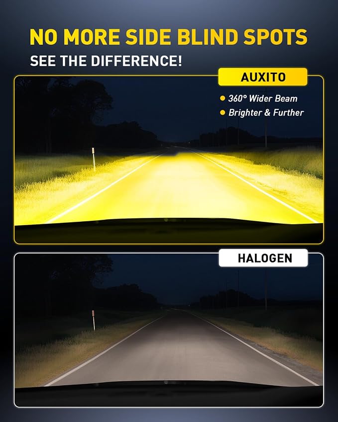 AUXITO 9006/HB4 Yellow LED Fog Light Bulbs, 13000LM 3000K Amber, 1:1 Mini Size Plug & Play, 27 CSP Chips 360° Illumination, IP68 Waterproof, Pack of 2