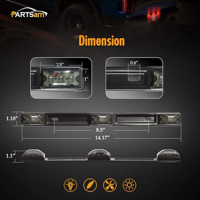 Partsam 14.17" Red Led Truck Trailer Smoked Red Clearance ID 3 Lamps Trailer Identification Light Bar w Black Stainless Steel Bracket Replacement for Pickup Trucks