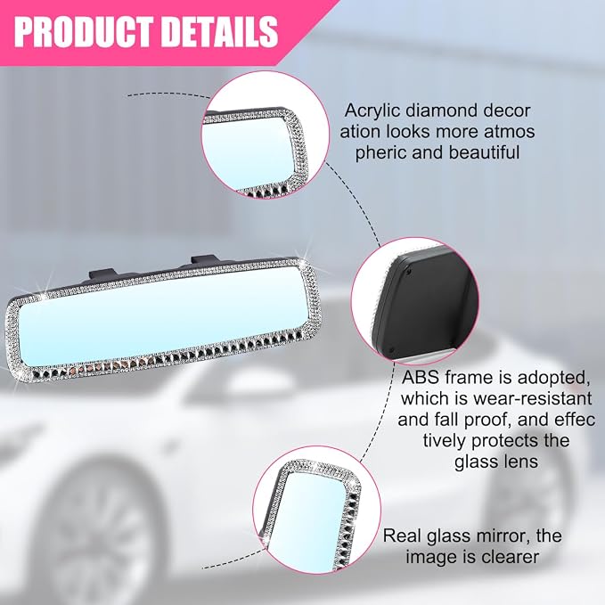 Bling Car Rear View Mirror, Rhinestones Crystal Clip-on Rearview Mirror with HD Glass, Compatible with Most Cars, SUVs, Vehicles, Auto Interior Accessories for Women Girl (Silver)