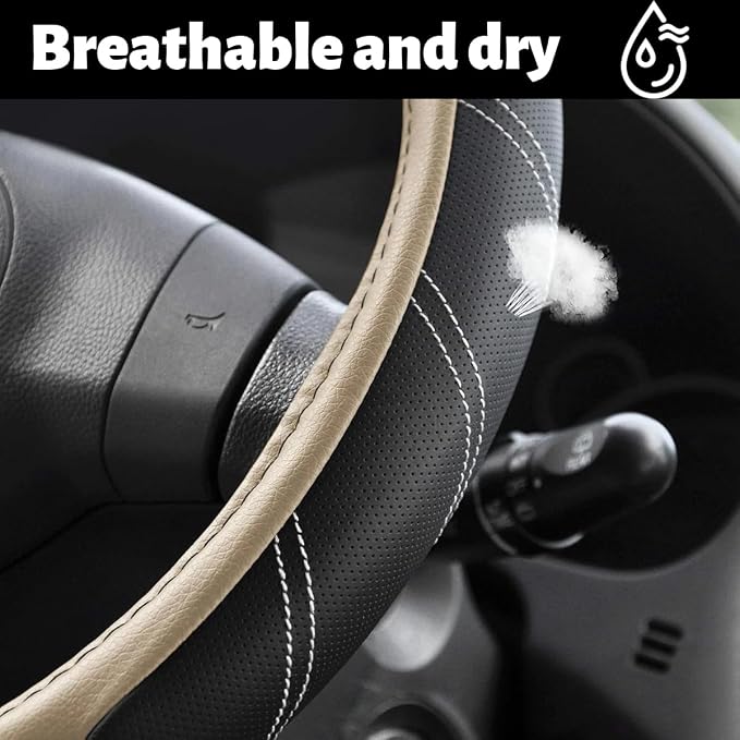 Car Steering Wheel Cover, 15 Inch Leather Breathable Auto Wheel Protection Cover with Non-Slip Lining, Padded Soft Grip Vehicle Steering Protector, Universal Fit (Black/Beige)