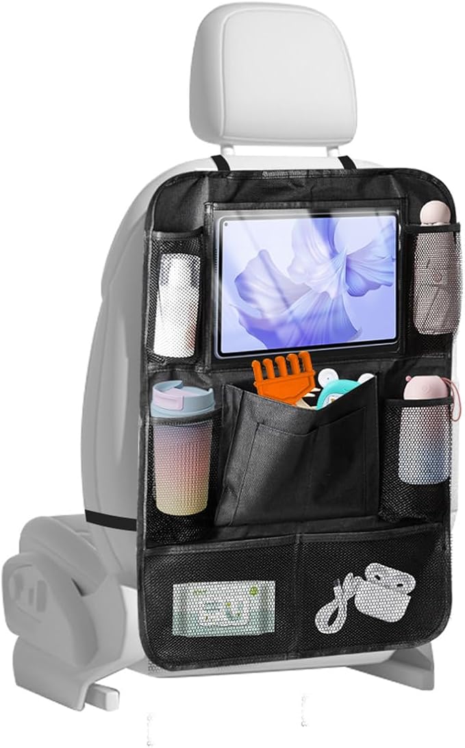 ZIMISI Car Backseat Organizer, Oxford Cloth Kick Mats Back Seat Protector with 9 Pockets & Clear Tablet Holder, Universal Waterproof Car Road Trip Essentials Storage Accessory (1PC)