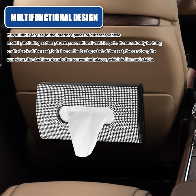 Bling Car Sun Visor Tissue Box Holder, Visor Accessories, Rhinestone PU Leather Crystal Sparkling Napkin Holder, Auto Sun Visor Paper Towel Cover Case Accessories for Most Cars (White)