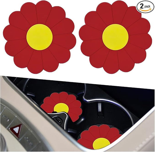2PCS Car Cup Coaster, Flower Shaped Silicone Non-Slip Vehicle Drink Holder Insert Mat, Universal 2.75 Inch Waterproof Automotive Interior Decoration Beverage Pad Accessories (Red)
