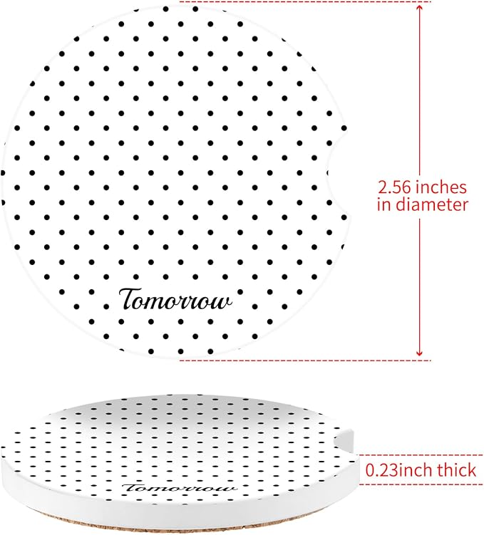 Cute Fashion Polka Dot Car Coasters 2 Pack for Cup Holders, 2.56 Inch Finger Notch Retro 70's Style Ceramics Heat Resistant Anti Slip Cork Base Car Drinks Coasters Auto Accessories-White