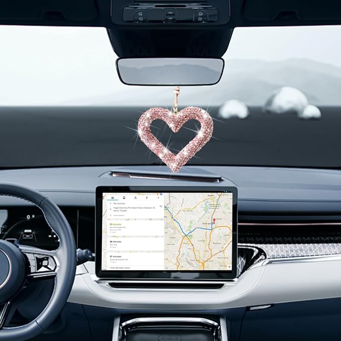 Mandark Bling Heart Car Hanging Accessories, Crystal Rhinestone Vehicle Rear View Mirror Charm Pendant Ornaments, Cute Diamond Auto Interior Hanger Decoration for Women Girls（Pink）