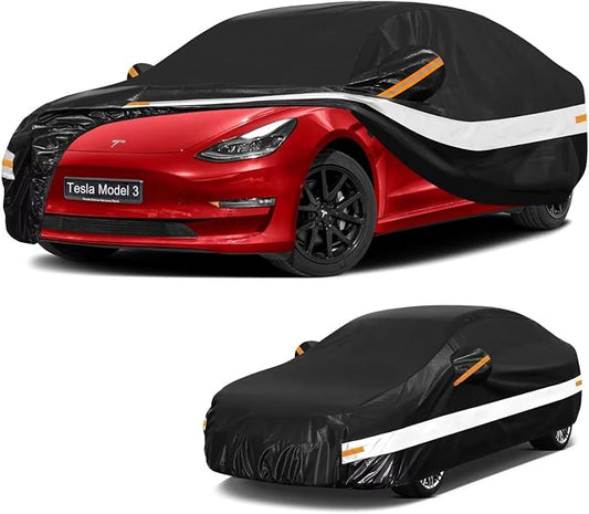 10 Layers Car Cover with Charger Port Custom Fit for Tesla Model 3 (2017-2026), Waterproof All Weather for Automobiles, Outdoor Full Cover Sun Dust Rain Protection with Cotton. Black