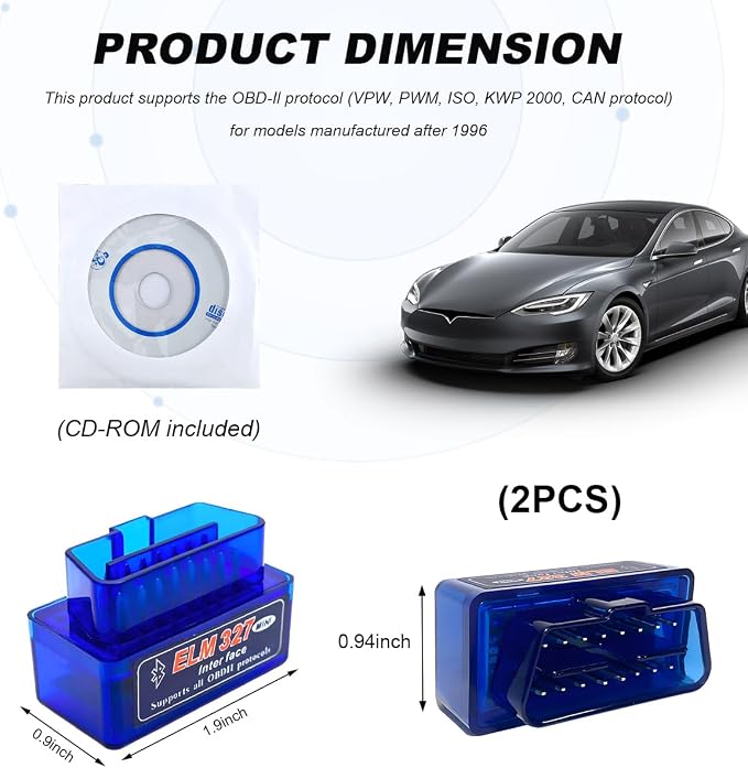 2 PCS ELM327 OBDII Car Auto Diagnostic Scanner, Professional Mini Bluetooth Scan Tool Engine Fault Code Reader, Wireless Failure Detector Interface Adapter for Most OBD II Vehicles