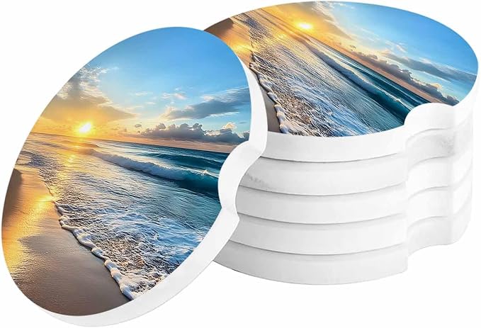 Small Car Coasters for Cup Holders 2.65" Absorbent 4 Pack Car Coaster Ceramic Stone for Drinks Absorb Water Drops Beautiful Sunset Seascape Waves and Beach