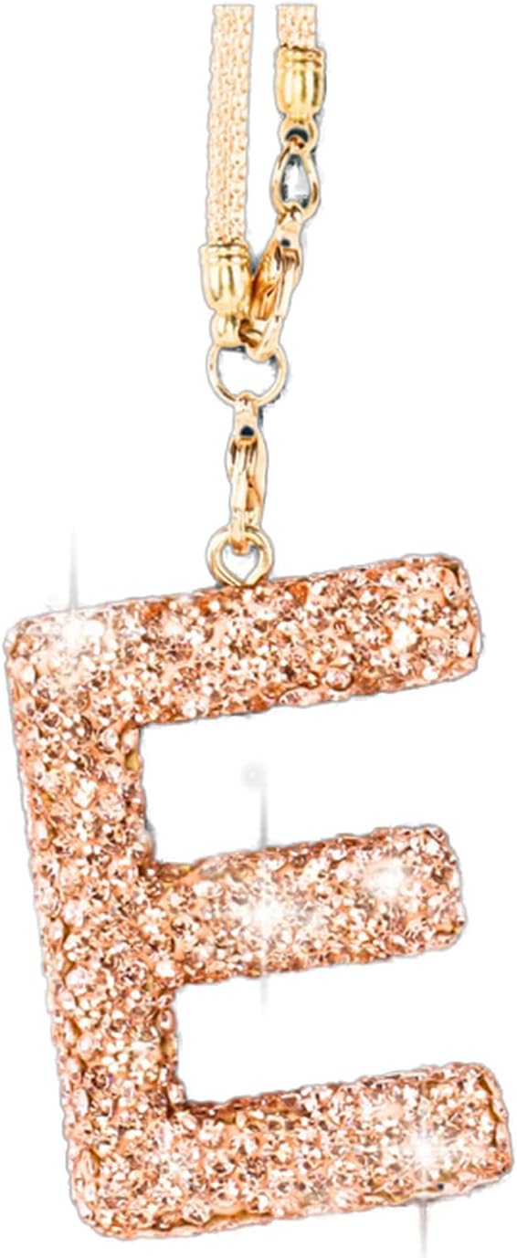 Bling Car Accessories for Women Letter Charm, Rainbow Crystal Rearview Mirror Pendant, Cute Diamond Rhinestone Car Decor, Lucky Gift for Women(E, Champagne Gold)