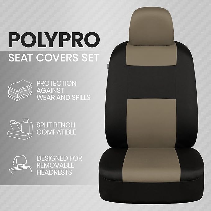 BDK PolyPro 2-Pack Front Car Seat Covers Set in Beige/Black - Front Seat Covers for Cars Trucks Vans SUVs Sedans, Easy to Install Front Car Seat Cover Protection, Universal Fit Car Accessories
