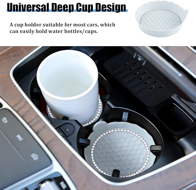 HZEL 4PCS Bling Car Cup Holder Coaster, Shiny Crystal Rhinestone Silicone Dustproof Drink Cup Insert Pad, Dazzling Automotive Interior Water Bottle Holder Embedded Mat, Universal Fit (Light Blue)