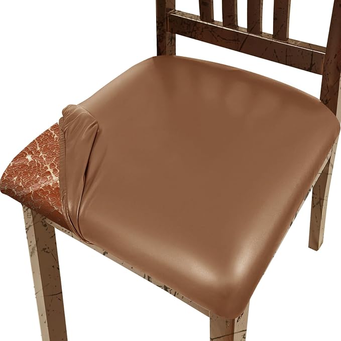 Pu Leather Dining Chair Seat Covers Set of 6, Waterproof Dining Seat Covers Stretch Chair Covers for Dining Chairs/Kitchen Room/Hotel, Odorless Seat Covers for Kitchen Chairs (Light Brown- 2 PCS)