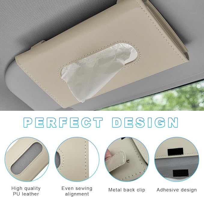 Ohleats Car Tissue Holder, Leather Sun Visor Napkin Holder, Auto Backseat Tissue Mask Case Dispenser for Most Vehicles, Universal Interior Car Accessories Hanging Tissues (Beige)