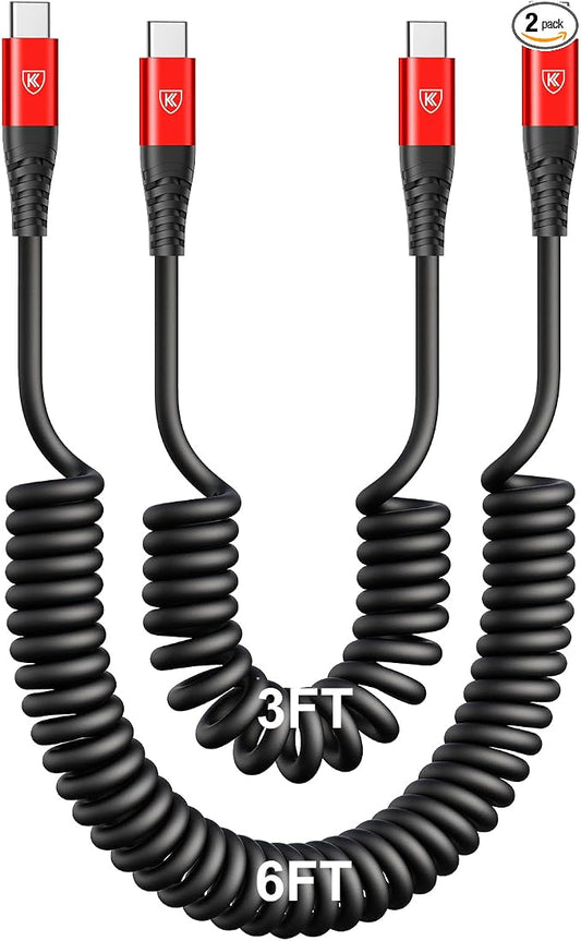 Coiled USB C Cable for Car 3FT&6FT USB C to C Fast Charging Cable CarPlay | Android Auto USB Type C Cord iPhone USB C Cable Compatible with iPhone 17/16/15/Pro Max/Plus/Samsung Galaxy S26 nd More-Red