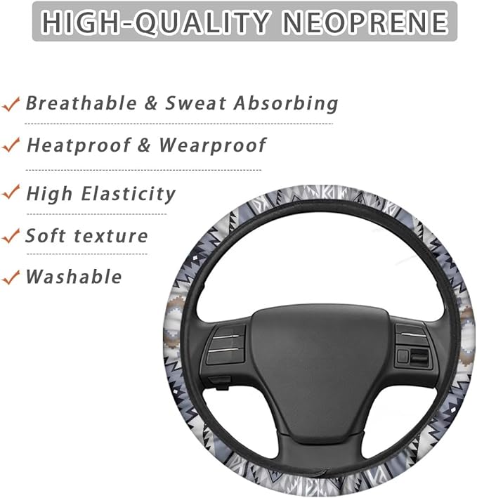 Wanyint Auto Steering Wheel Cover for Women Men, Universal 15 Inch Soft Elastic Steering Wheel Wrap Anti-Slip Easy to Install Car Accessories, Southwest Aztec Blue Gray