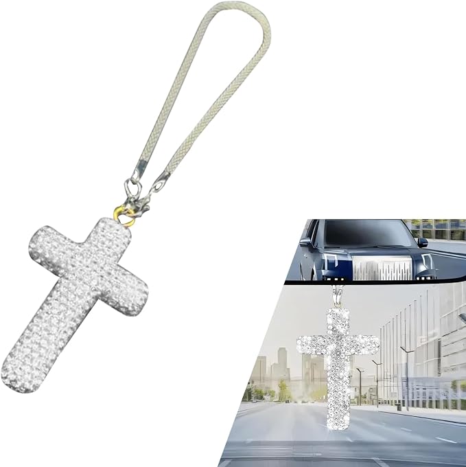 Cross for Car Mirror Hanging, Bling Crystal Rhinestone Cross Rear View Mirror Accessories, Shiny Cars Pendant Charm, Religious Rearview Mirrors Decoration, Auto Interior Accessories (Silver)