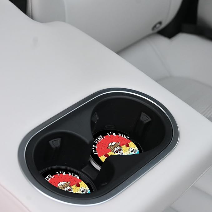 Funny Skull with Coffee Ceramic Cup Holders Car Coasters Set for Women/Men,2.56" 2 Pack for Absorbent Cup Car Holders, Coasters with A Finger Notch