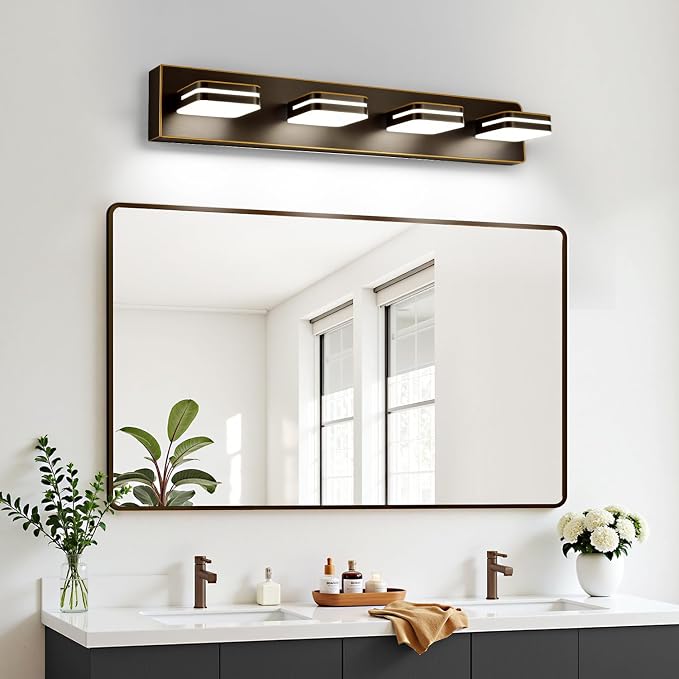 Torondo 360° Rotate LED Bathroom Vanity Light Fixtures, Acrylic Vanity Lights for Bathroom, Modern Wall Lighting Fixtures Over Mirror Living, Oil Rubbed Bronze, Natural White, 4-Light, 27-Inch