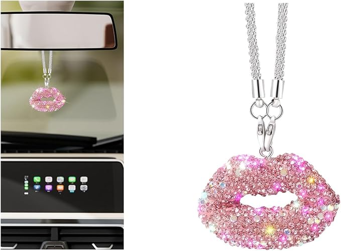 Bittwee Bling Lip Diamond Car Hanging, Crystal Rinestones Auto Rear View Mirror Charms Ornament, Lucky Vehicle Interior Pendant Decoration Accessories, Universal for SUV Sedan Truck(Pink)
