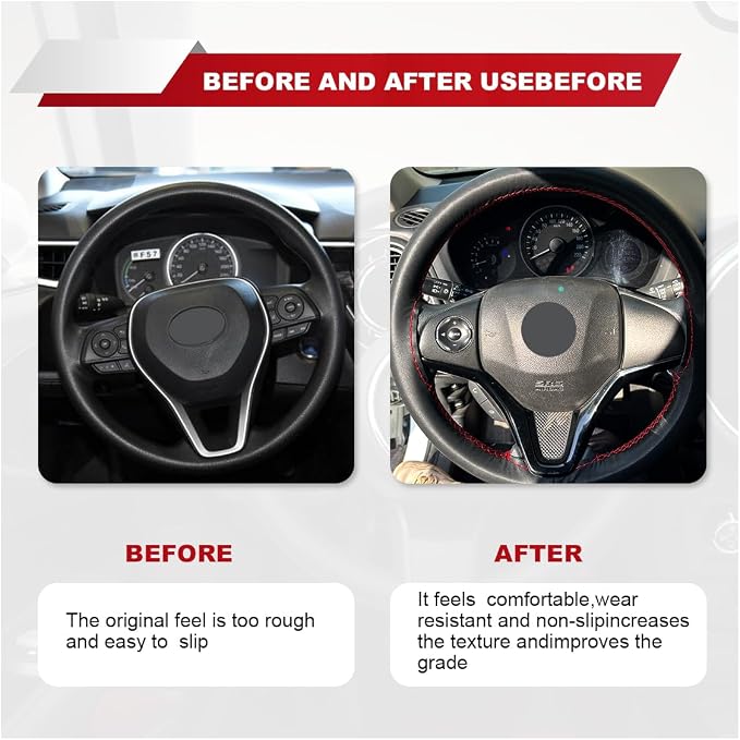 ZIMISI 15 Inch Genuine Leather Steering Wheel Cover (Black&Red) | Anti-Slip Breathable Car Steering Wheel Stitching Wrap, DIY Sewing with Needle Thread, Stitch on Wrap Steering Wheel Cover