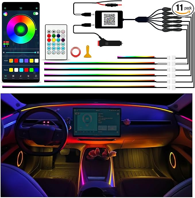 Ambient Lighting Car Led Lights Interior Kit,6 in 1 RGB Music Sync Acrylic Led Lights for Car Interior,175 inches DIY Fiber Optic Neon Accent Strip Ambiance Lighting with Wireless APP Remote