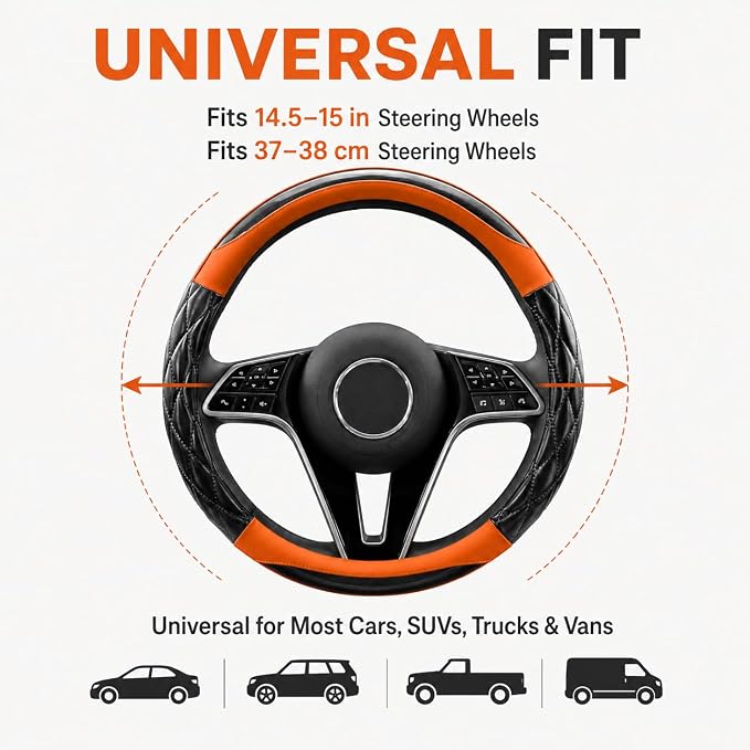 Couslcd 14.5-15 Inch Leather Steering Wheel Cover with Soft Padded Lining, Anti-Slip Comfort Grip, Universal Steering Wheel Protector for Most Cars, SUVs, Trucks (Orange)