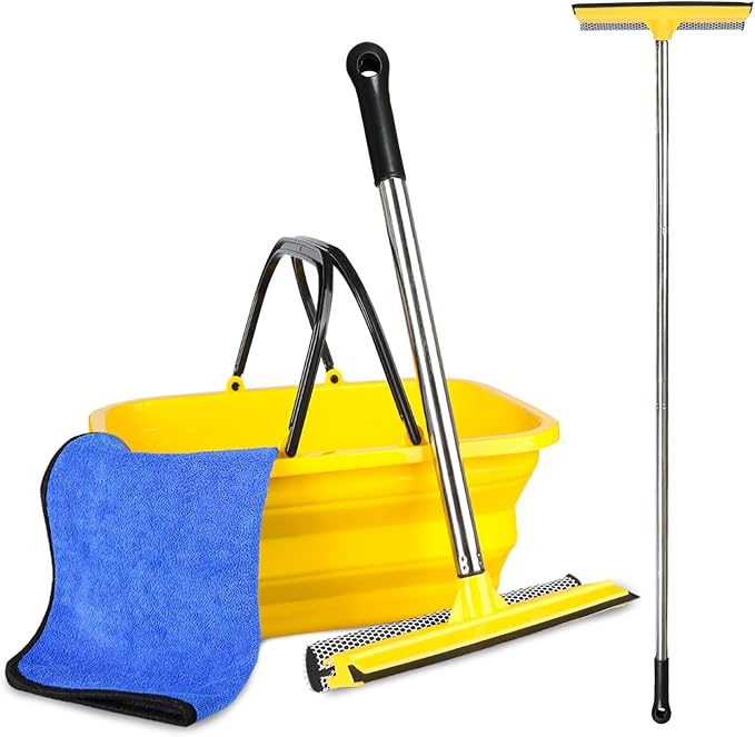 Window Cleaning Kit, 56-Inch Squeegee & 10L Collapsible Bucket | Squeegee & 10L Bucket