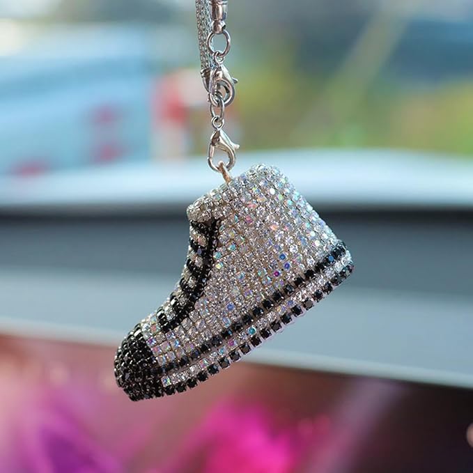 Bling Sneaker Shoe Sparkly Car Hanging Ornament, Cute Crystal Rear View Mirror Pendant, Diamond Rearview Mirror Charms, Lucky Car Interior Decor Accessories (White)