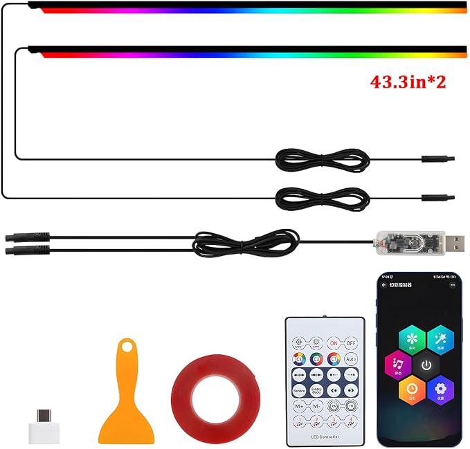 Car Interior Ambient LED Light with APP & Remote Control, 43.3" 2-in-1 Music Sync Fiber Optic USB Powered Acrylic LED Lamp Strip, Flexible RGB Auto Inside Neon Light, Universal Fit