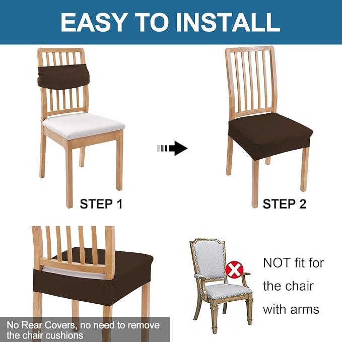 Smiry Waterproof Seat Covers for Dining Room Chairs Set of 4, Stretch Jacquard Removable Washable Chair Seat Slipcovers Protector, No Rear Covers, Brown