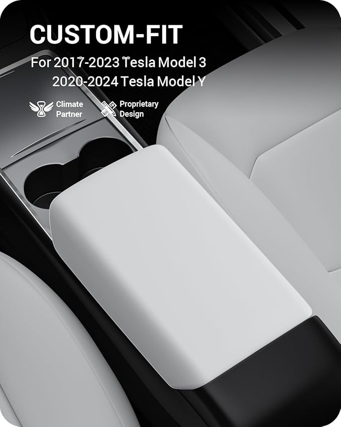 BASENOR Armrest Cover for 2017-2024 Tesla Model Y Model 3 Center Console Cover Non-Slip TPU [No Logo] Protector Armrest Tesla Accessories White (Not Compatible with 2025 2026 Model Y/3)