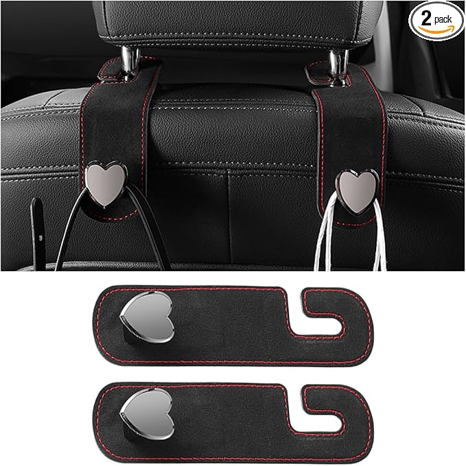 2PCS Car Seat Headrest Hook, Suede Leather Heart Hanger, Black | 1.77x6.42 Inch, Universal fit, most Sedans/SUVs/Trucks, alloy core, half-open mount, interior accessories
