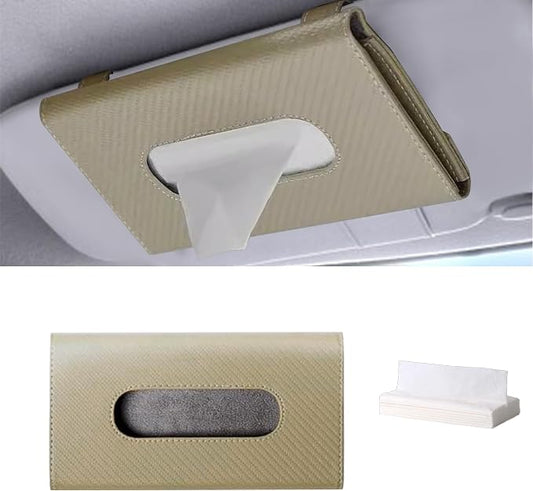 Car Tissue Holder, Car Kleenex Holder, PU Leather Auto Visor Tissue Box, Auto Interior Accessories Sun Visor Paper Towel Cover Case Backseat Napkin Organizer Universal for Most Vehicles(Beige)