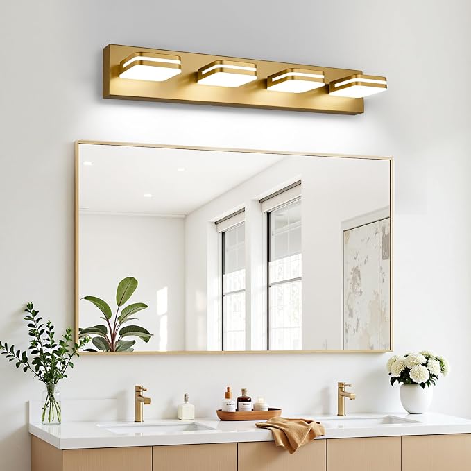 Torondo 360° Rotate LED Bathroom Vanity Light Fixtures, Acrylic Vanity Lights for Bathroom, Modern Wall Lighting Fixtures Over Mirror Living, Gold, Natural White, 4-Light, 27-Inch