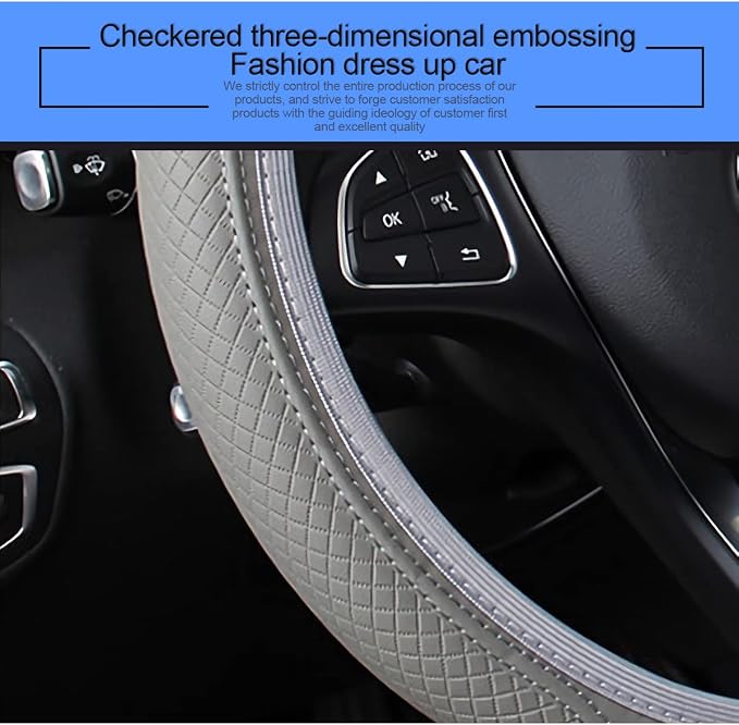 Leather Car Steering Wheel Cover, Anti-Slip Breathable Microfiber Leather Steering Wheel Protector for Women Men, Universal 15'' Elastic Soft Odorless, Car Accessories for Car, Truck, SUV (Gray)