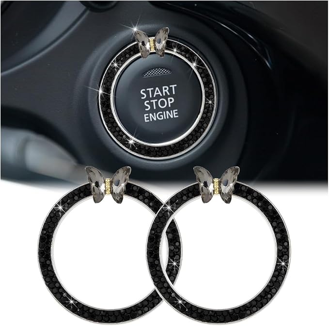 2PCS Bling Car Engine Start Stop Decoration Ring, Crystal Rhinestone Auto Push Start Button Ignition Ring Sticker, Vehicle Decor Accessories for Women Girls, Universal for Vehicles (Black)