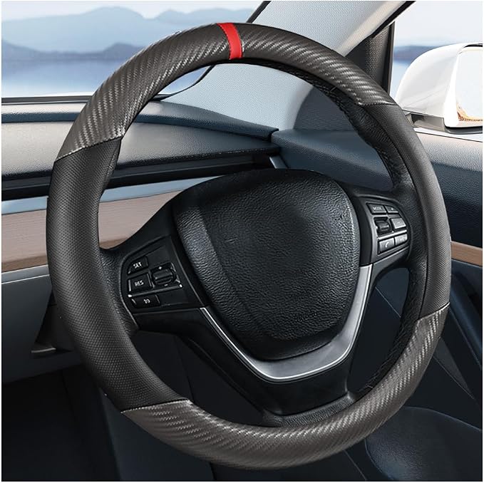 Carbon Fiber Car Steering Wheel Cover, Leather Breathable Automotive Wheel Protector, 15 Inch Anti-Slip Vehicle Interior Steering Accessories, Universal for SUV Truck Sedan (Gray)
