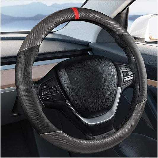 Carbon Fiber Car Steering Wheel Cover, Leather Breathable Automotive Wheel Protector, 15 Inch Anti-Slip Vehicle Interior Steering Accessories, Universal for SUV Truck Sedan (Gray)