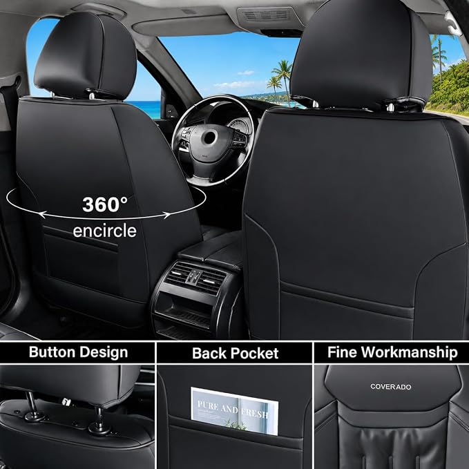 Coverado Car Seat Covers, Seat Covers for Cars 5 Seats, Waterproof Nappa Leather Car Seat Protector Universal Fit for Most Sedans SUV Pick-ups Trucks,Full Set,Black