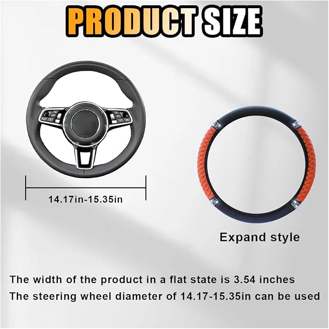 JOYCOURT 15 Inch Bling Soft Leather Car Steering Wheel Cover, Orange | Colorful Rhinestones Design, Auto Elastic Protector for Women Girls, Crystal Diamond Car Accessories for Most Cars, SUVs